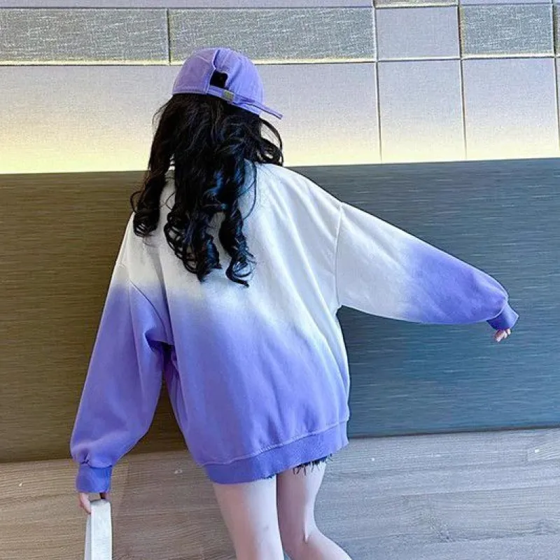 120-170 おしゃれ 薄手/裏起毛 秋 冬 子供服 キッズ ジュニア 女の子 グラデーション色 プリント トップス トレーナー スウェット