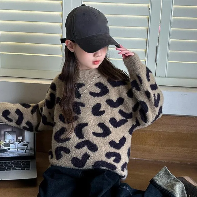 120-170 オシャレ度高め ニット 薄手/裏起毛 春秋冬 子供服 キッズ ジュニア 女の子 ヒョウ柄 トップス セーター