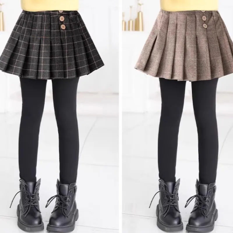 110-170 レイヤード 韓国 薄手/裏起毛 秋 冬 子供服 キッズ ジュニア 女の子 チェック柄 スカッツ ボトムス レギンス付き スカート パンツ