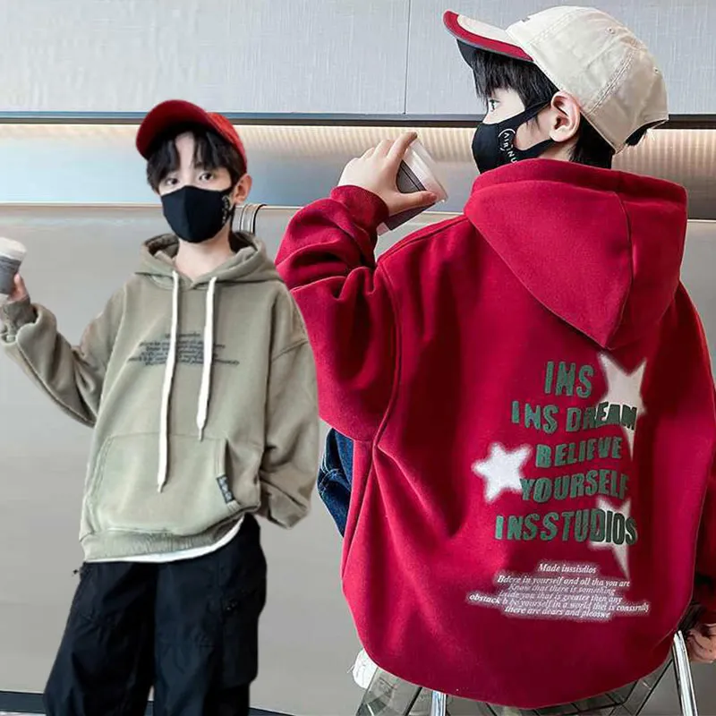 130-170 絶対流行 秋冬 男の子 子供服 キッズ ジュニア プリント 裏起毛 厚手 カジュアル フード付き シンプル トップス パーカー