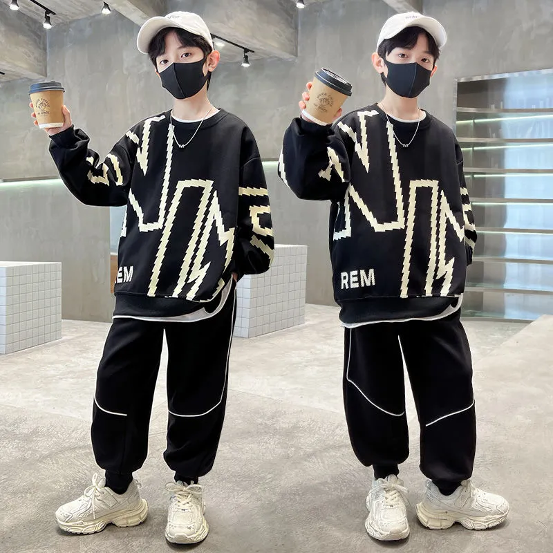 120-170 ファッション感満々 春秋 男の子 子供服 キッズ ジュニア シンプル プリント アルファベット 無地  トップス+パンツ ボトムス セットアップ