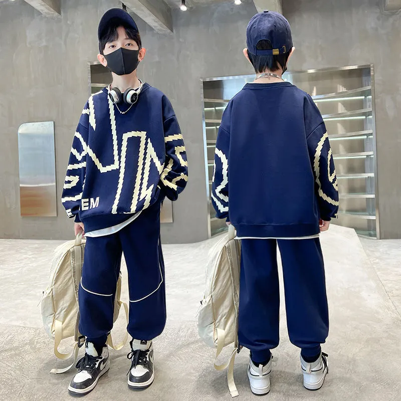 120-170 ファッション感満々 春秋 男の子 子供服 キッズ ジュニア シンプル プリント アルファベット 無地  トップス+パンツ ボトムス セットアップ