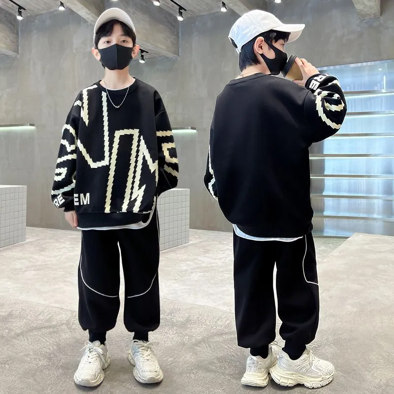 120-170 ファッション感満々 春秋 男の子 子供服 キッズ ジュニア シンプル プリント アルファベット 無地  トップス+パンツ ボトムス セットアップ