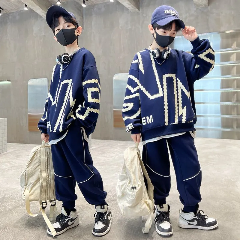 120-170 ファッション感満々 春秋 男の子 子供服 キッズ ジュニア シンプル プリント アルファベット 無地  トップス+パンツ ボトムス セットアップ