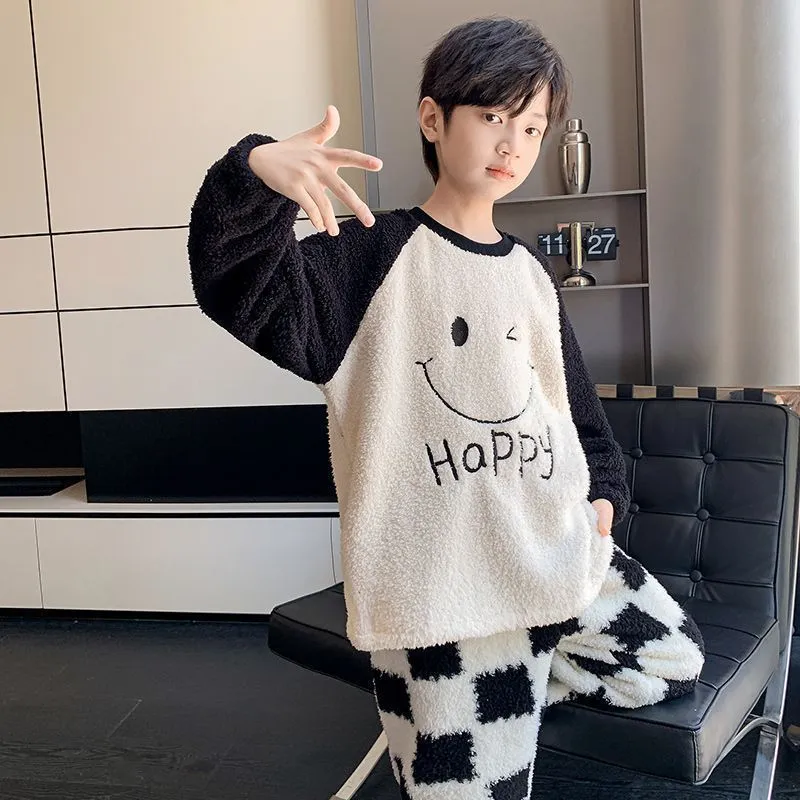 120-170 高見えデザイン 秋冬 男の子 子供服 キッズ ジュニア 暖かい 静電気軽減 もこもこ 配色 チェック柄 トップス+パンツ ボトムス セットアップ パジャマ