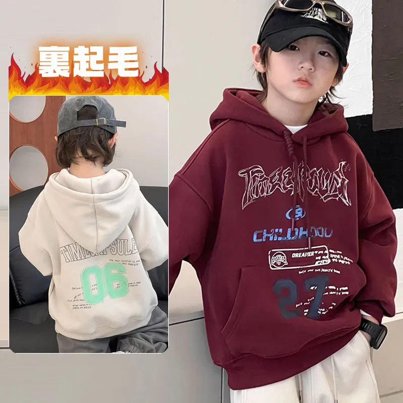110-160 雑誌に掲載された 秋冬 男の子 子供服 キッズ ジュニア 裏起毛 厚手 プリント フード付き カジュアル トップス パーカー