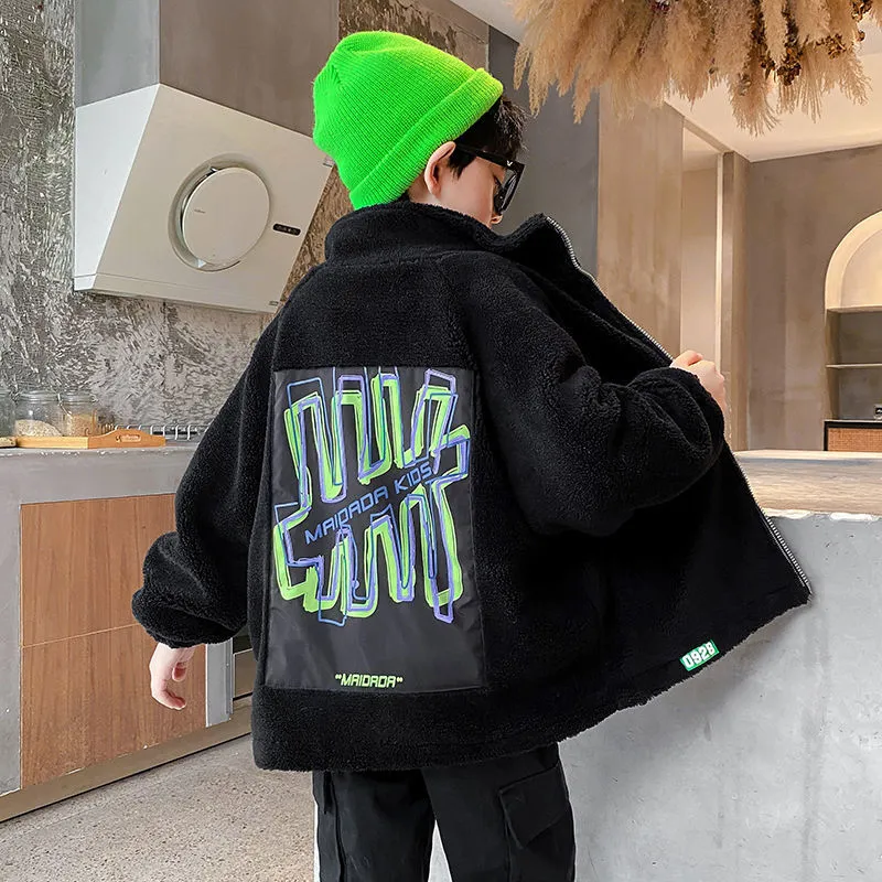 110-170 好評発売中 冬 男の子 子供服 キッズ ジュニア プリント ラムウール スタンドネック ジッパー トップス アウター