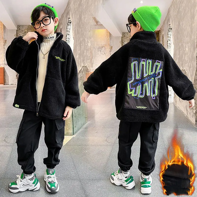 110-170 好評発売中 冬 男の子 子供服 キッズ ジュニア プリント ラムウール スタンドネック ジッパー トップス アウター