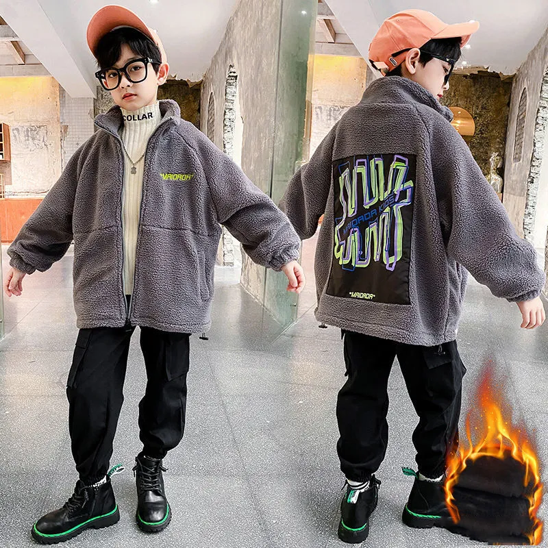 110-170 好評発売中 冬 男の子 子供服 キッズ ジュニア プリント ラムウール スタンドネック ジッパー トップス アウター