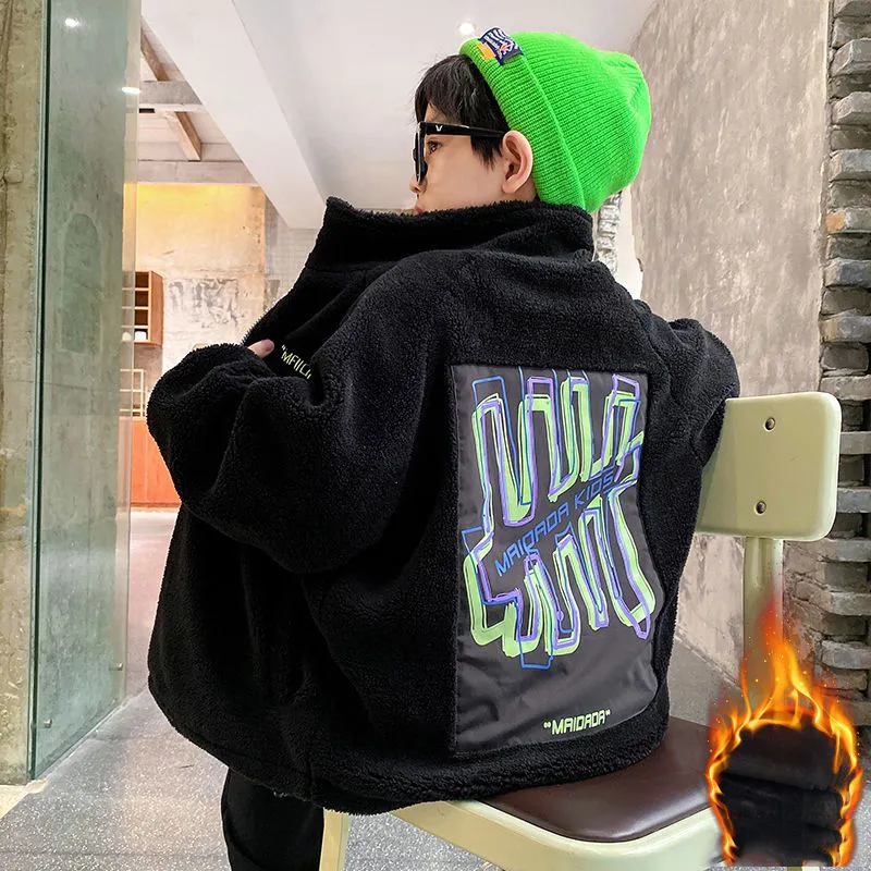 110-170 好評発売中 冬 男の子 子供服 キッズ ジュニア プリント ラムウール スタンドネック ジッパー トップス アウター
