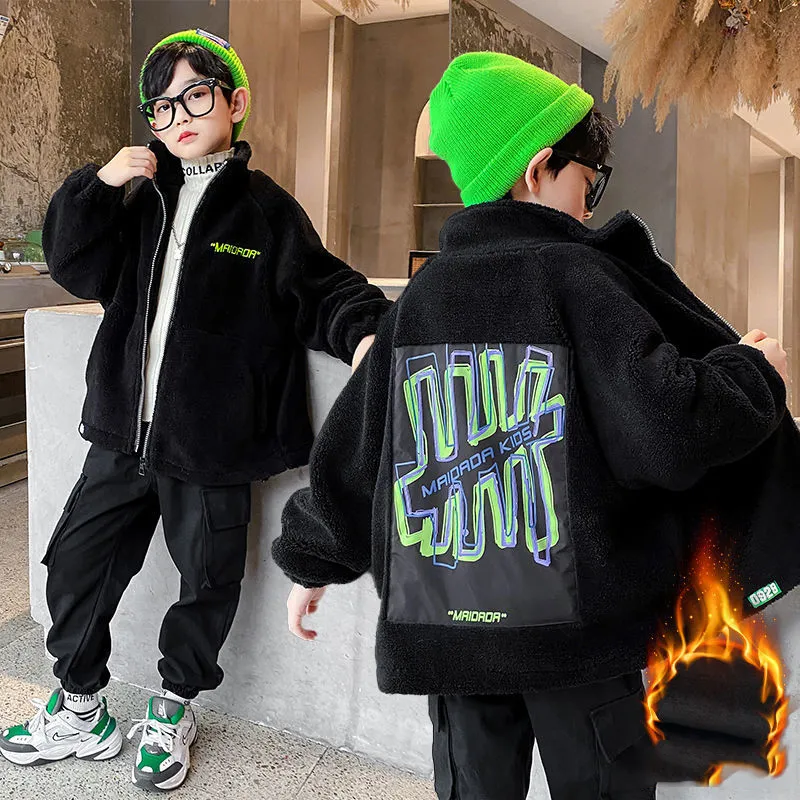 110-170 好評発売中 冬 男の子 子供服 キッズ ジュニア プリント ラムウール スタンドネック ジッパー トップス アウター