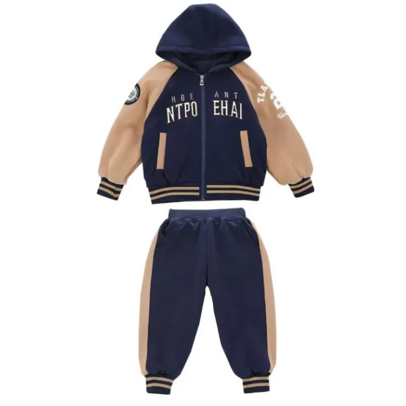 120-160 個性的なデザイン 春秋冬 男の子 子供服 キッズ ジュニア 配色 フード付き 切り替え トップス+パンツ ボトムス セットアップ