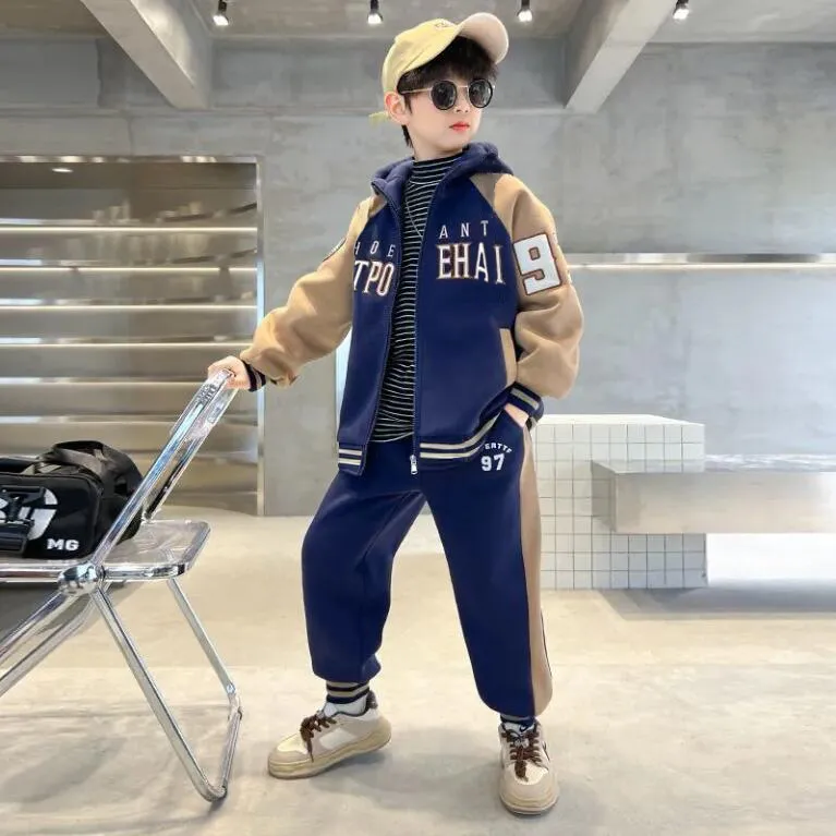 120-160 個性的なデザイン 春秋冬 男の子 子供服 キッズ ジュニア 配色 フード付き 切り替え トップス+パンツ ボトムス セットアップ