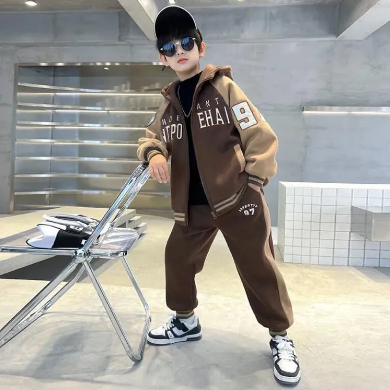 120-160 個性的なデザイン 春秋冬 男の子 子供服 キッズ ジュニア 配色 フード付き 切り替え トップス+パンツ ボトムス セットアップ