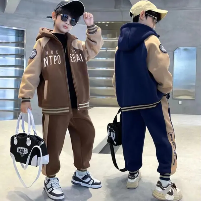 120-160 個性的なデザイン 春秋冬 男の子 子供服 キッズ ジュニア 配色 フード付き 切り替え トップス+パンツ ボトムス セットアップ