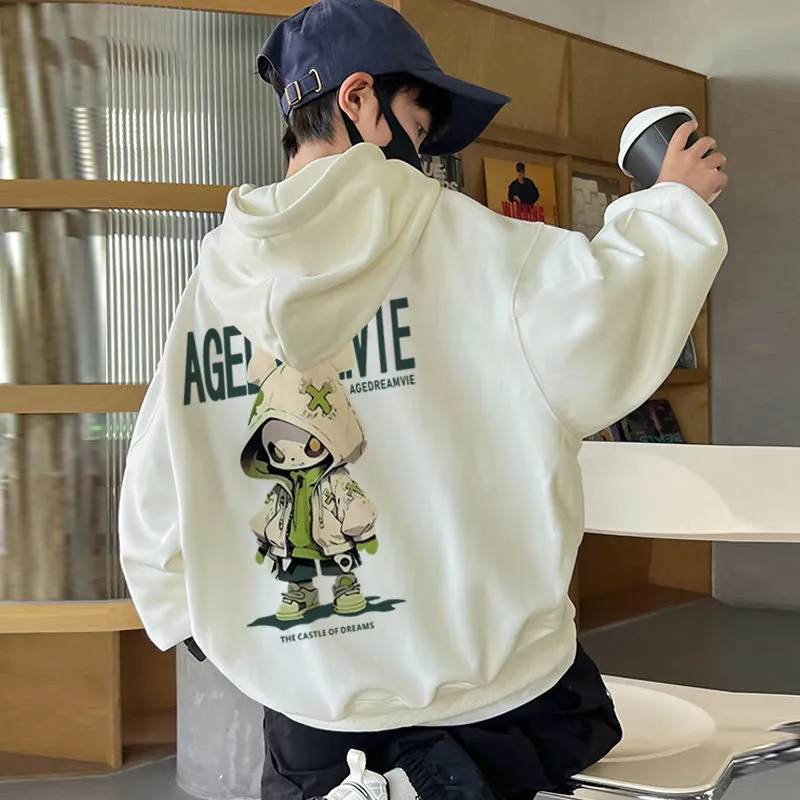 100-160 流行の予感 春秋冬 男の子 子供服 キッズ ジュニア フード付き プリント 裏起毛 厚手 カジュアル トップス パーカー