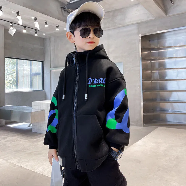 120-170 おしゃれ度高め 秋冬 男の子 子供服 キッズ ジュニア プリント フード付き 配色 アルファベット トップス アウター