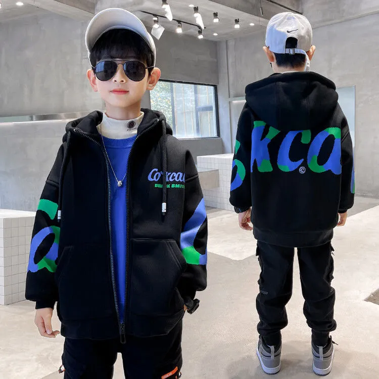 120-170 おしゃれ度高め 秋冬 男の子 子供服 キッズ ジュニア プリント フード付き 配色 アルファベット トップス アウター