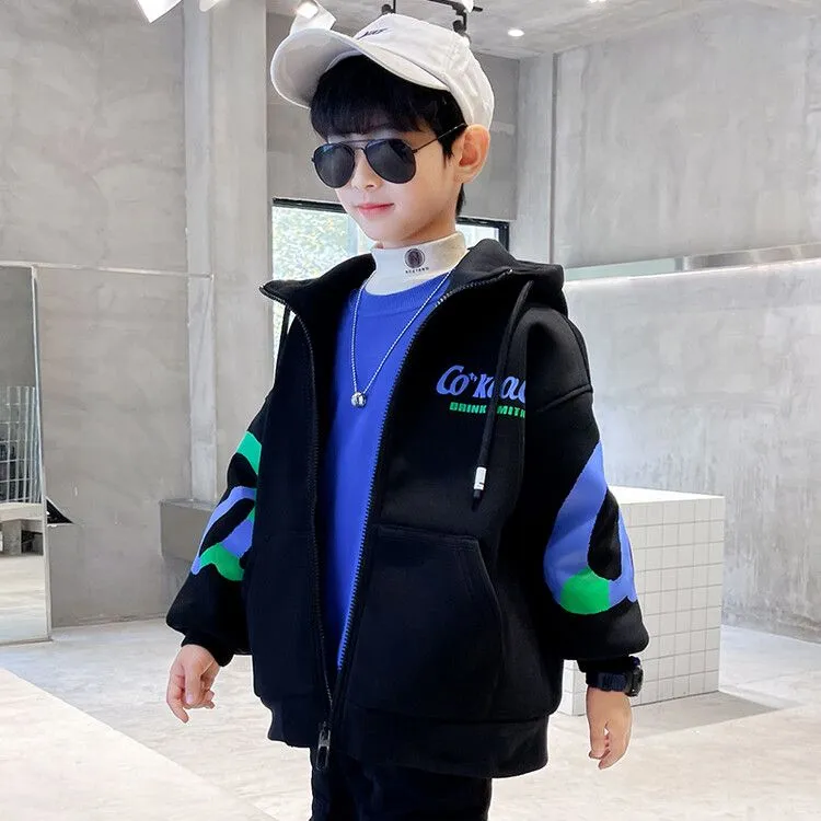 120-170 おしゃれ度高め 秋冬 男の子 子供服 キッズ ジュニア プリント フード付き 配色 アルファベット トップス アウター