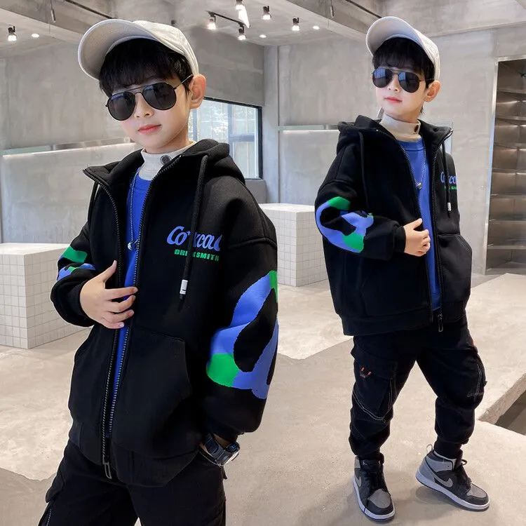 120-170 おしゃれ度高め 秋冬 男の子 子供服 キッズ ジュニア プリント フード付き 配色 アルファベット トップス アウター
