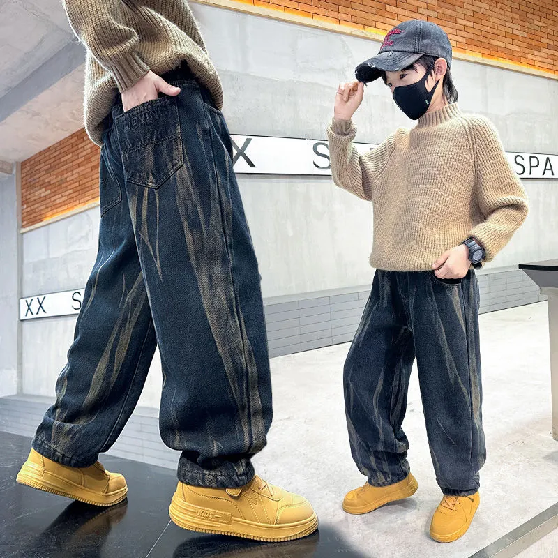 120-170 個性的なデザイン 秋冬 男の子 子供服 キッズ ジュニア 絞り染め 裏起毛 厚手 カジュアル ロング丈 ボトムス パンツ