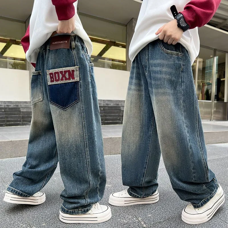 120-170 雑誌に掲載された 春秋 男の子 子供服 キッズ ジュニア 韓国系 ストリート系 デニム 配色 切り替え ボトムス パンツ