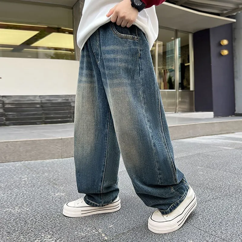 120-170 雑誌に掲載された 春秋 男の子 子供服 キッズ ジュニア 韓国系 ストリート系 デニム 配色 切り替え ボトムス パンツ