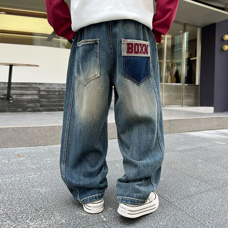 120-170 雑誌に掲載された 春秋 男の子 子供服 キッズ ジュニア 韓国系 ストリート系 デニム 配色 切り替え ボトムス パンツ
