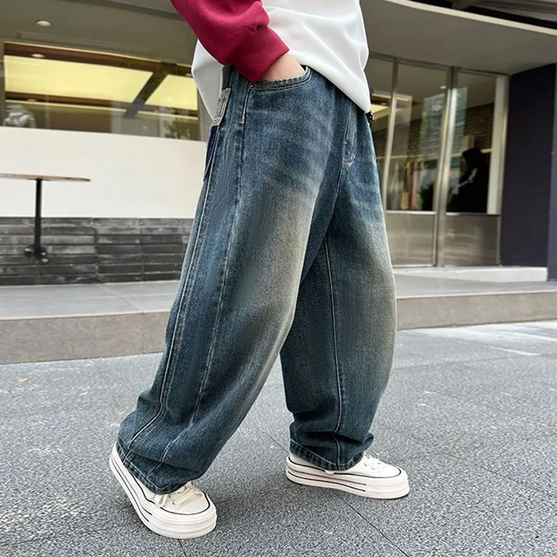 120-170 雑誌に掲載された 春秋 男の子 子供服 キッズ ジュニア 韓国系 ストリート系 デニム 配色 切り替え ボトムス パンツ
