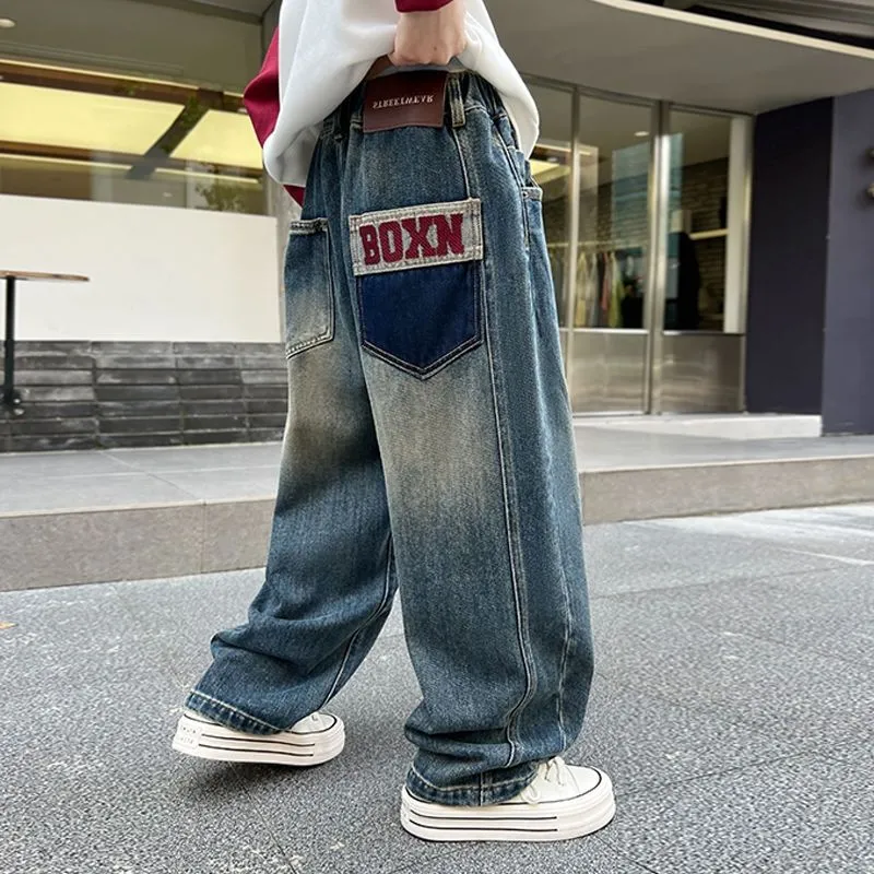 120-170 雑誌に掲載された 春秋 男の子 子供服 キッズ ジュニア 韓国系 ストリート系 デニム 配色 切り替え ボトムス パンツ