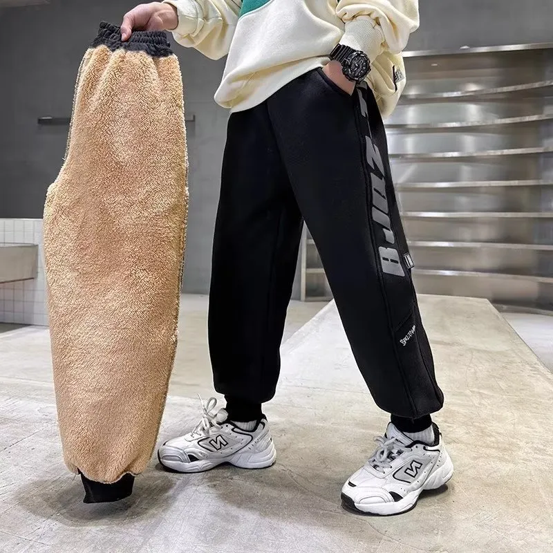 120-170 Basic日常簡約 秋冬 男の子 子供服 キッズ ジュニア 裏起毛 厚手 アルファベット ボトムス パンツ