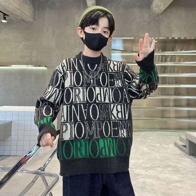 100-170 超快適 秋冬 男の子 子供服 キッズ ジュニア アルファベット 快適な肌触り  プルオーバー トップス ニット セーター