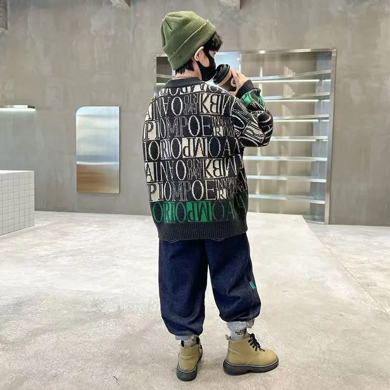 100-170 超快適 秋冬 男の子 子供服 キッズ ジュニア アルファベット 快適な肌触り  プルオーバー トップス ニット セーター