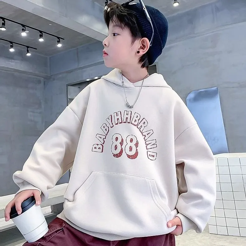 130-170 見逃し厳禁 秋冬 男の子 子供服 キッズ ジュニア フード付き 裏起毛 厚手 ポケット付き アルファベット トップス パーカー