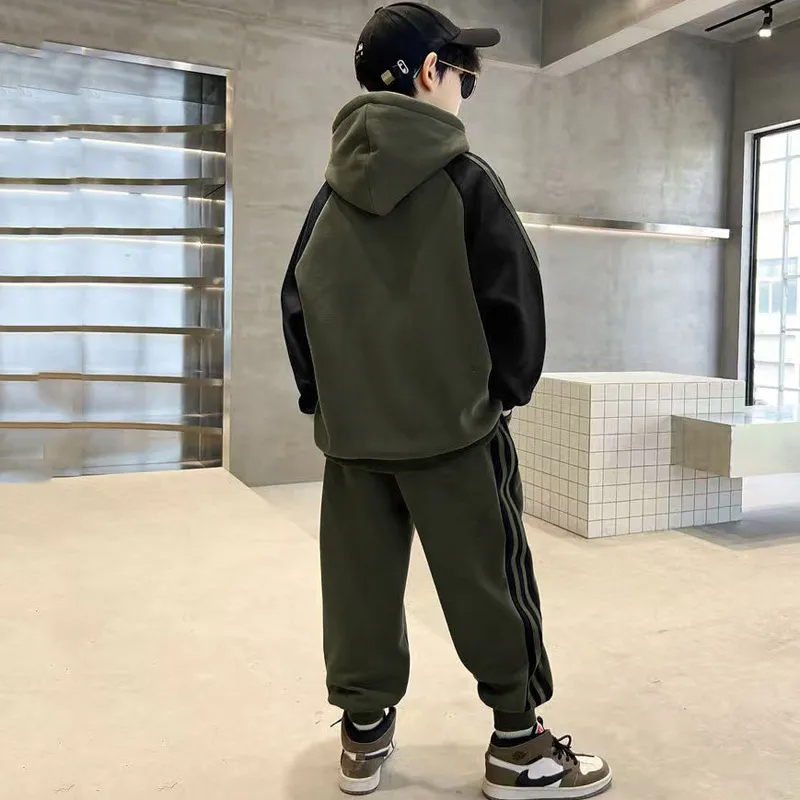 120-170 目を奪われる 秋冬 男の子 子供服 キッズ ジュニア 配色 数字柄 プリント 裏起毛 厚手 フード付き トップス+パンツ ボトムス セットアップ
