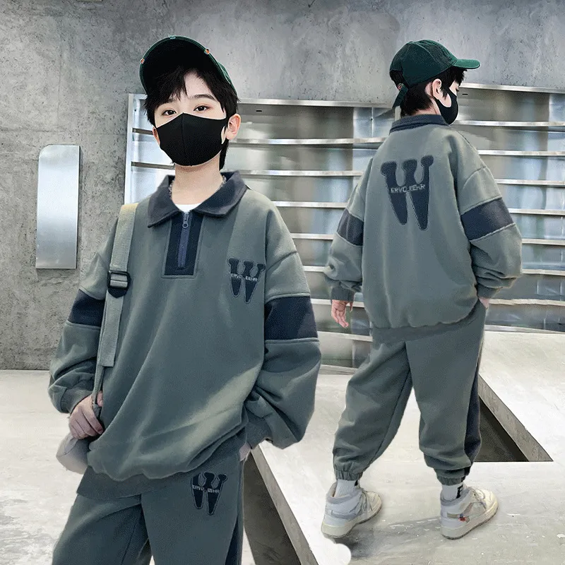 120-170 高級感 春秋 男の子 子供服 キッズ ジュニア 折り襟 アルファベット プリント 無地 トップス+パンツ ボトムス セットアップ