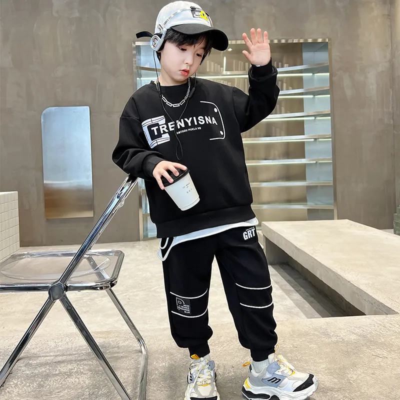 120-170 おしゃれ度高め 春秋 男の子 子供服 キッズ ジュニア プリント カジュアル トップス+パンツ ボトムス セットアップ