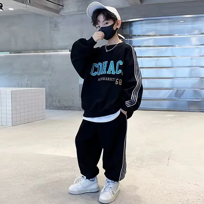 120-170 今季大注目 春秋 男の子 子供服 キッズ ジュニア プリント ストライプ柄 トップス+パンツ ボトムス セットアップ