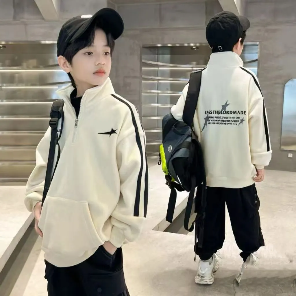 120-170 個性的なデザイン 秋冬 男の子 子供服 キッズ ジュニア 無地 刺繍 スタンドネック ハーフ ジップ トップス トレーナー スウェット