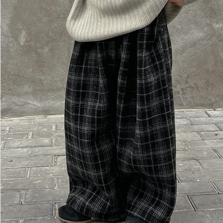 【90-150cm】絶対見逃さないで 爆売れ中 レトロ チェック柄 合わせやすい ワイドレッグパンツ