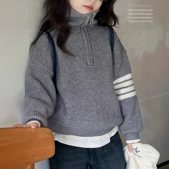 【110-160cm】セーター 女の子 定番 シンプル 合わせやすい スタンドネック ニット トップス