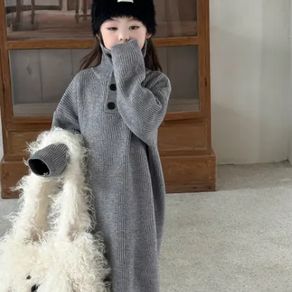 【90-140cm】取り入れたい 大人気 韓国系 ナチュラル ハイネック シンプル 女の子 ニット ワンピース