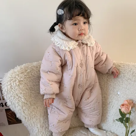【73-100cm】オシャレ度高め 可愛い スウィート 花柄 折り襟 あったか ベビー ロンパース