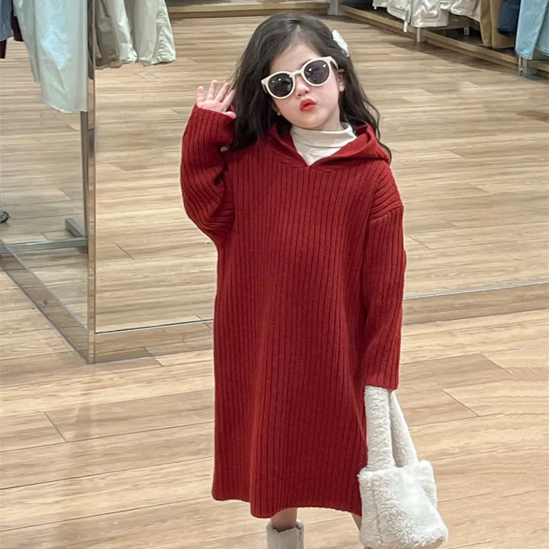 【90-140cm】よく売れる シンプル 無地 着心地良い 合わせやすい トレンド フード付き ニット ワンピース