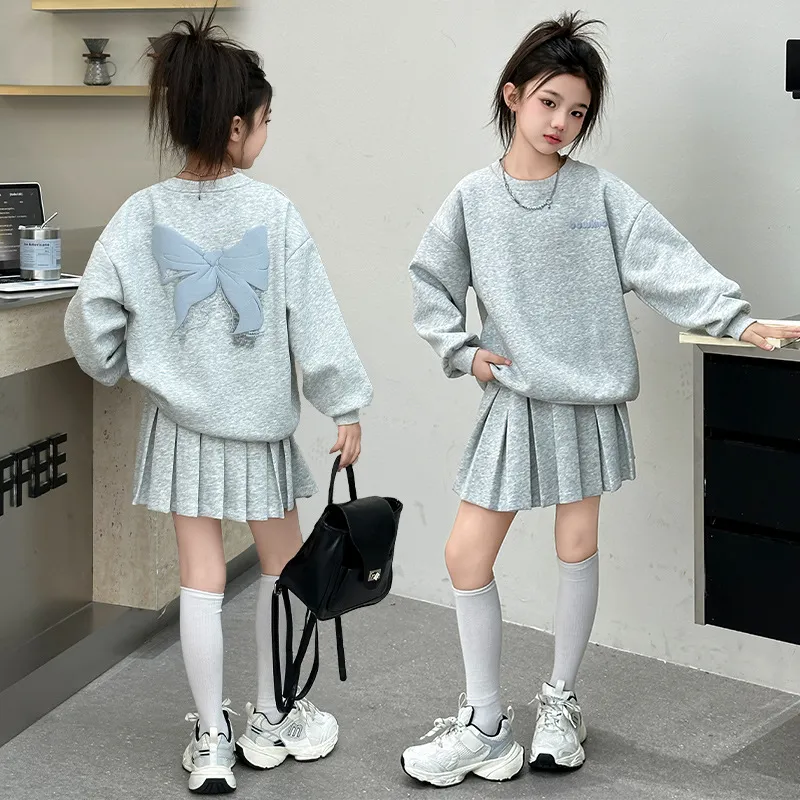 【120-170cm】二点セット オシャレ スウィート リボン付き 女の子 トレーナー＋スカート セットアップ