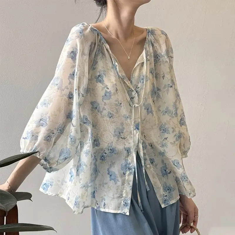 トップス 2色展開 花柄 リボン ゆったり 涼しい 七分袖 ブルー オレンジ M L