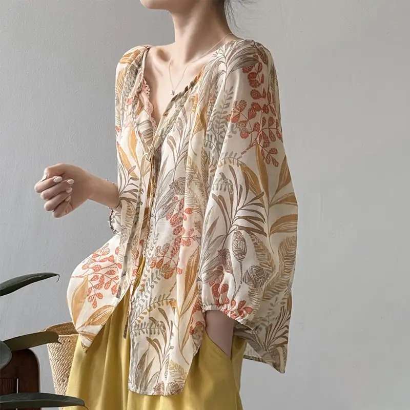 トップス 2色展開 花柄 リボン ゆったり 涼しい 七分袖 ブルー オレンジ M L