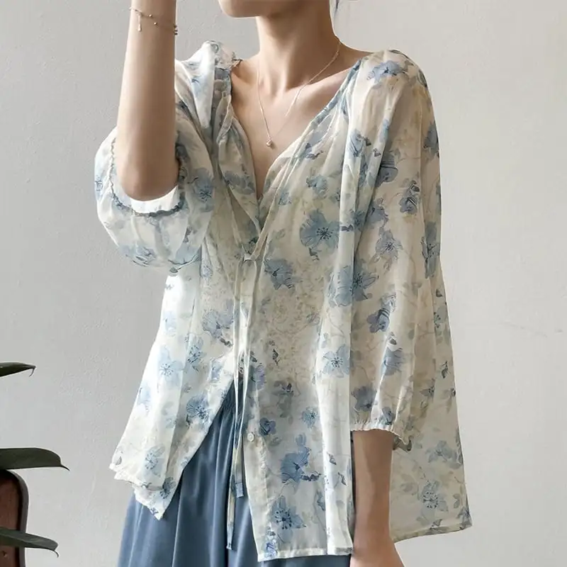 トップス 2色展開 花柄 リボン ゆったり 涼しい 七分袖 ブルー オレンジ M L
