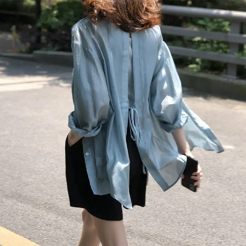 トップス 薄いシャツ 日差し防止 3色展開 バックリボン 薄手 ブルー ホワイト パープル S M L