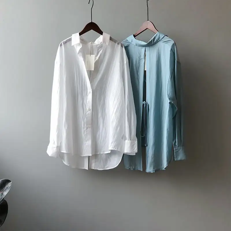 トップス 薄いシャツ 日差し防止 3色展開 バックリボン 薄手 ブルー ホワイト パープル S M L